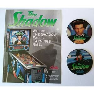 The Shadow Pinball FLYER and 2 Promos Alec Baldwin Plastic Coasters Original NOS